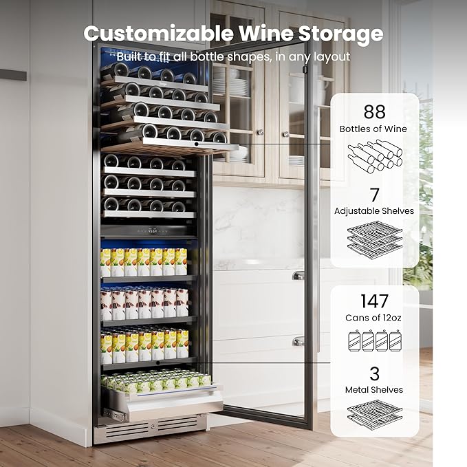 Yeego 24 Inch Wine Fridge – Wine and Beverage Cooler 34°F-65°F, 304 Stainless Steel Glass Door Lock, Temp Memory Blue & White LED Built-in Fridge with Adjustable Shelves (182 Can+77 Bottle)