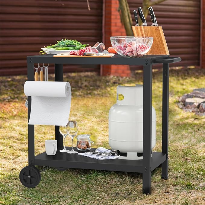 32x20IN Double-Shelves Grill Table, Outdoor Grill Cart for Blackstone Griddle, Movable Pizza Oven Table Cart for Outside Patio, Kitchen Cooking Food Prep Table for Party