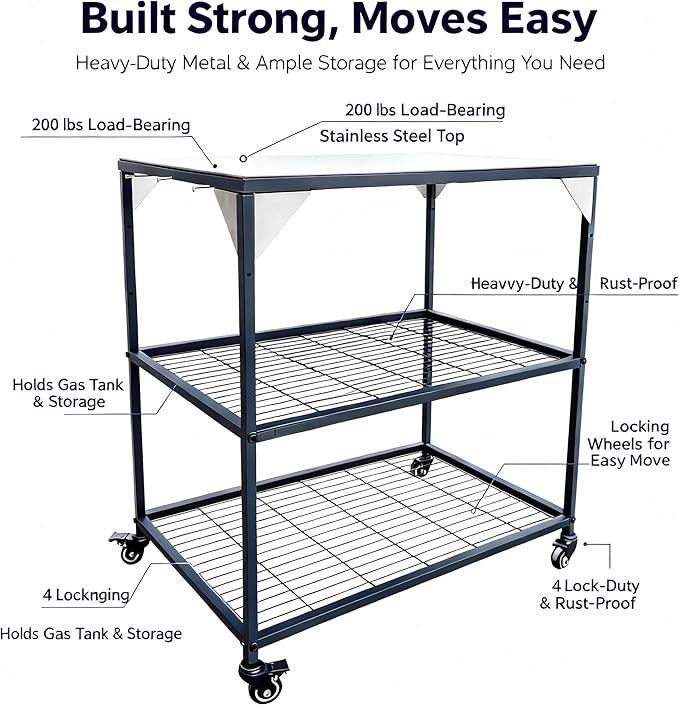 All-in-One Outdoor Pizza Oven & Grill Cart - Rolling Prep Table for Blackstone Griddles, Ninja Woodfire Grills, and More