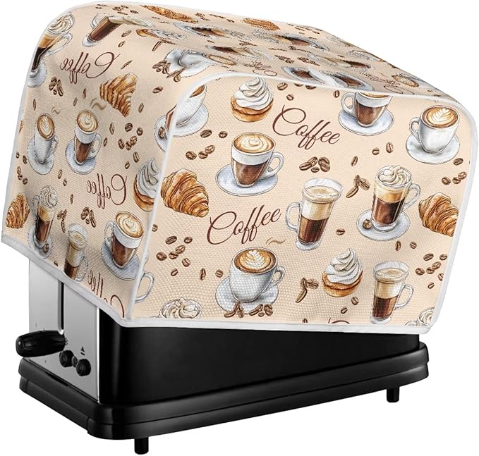 Coffee Croissant Print 2 Slice Toasters Cover with Handle Stain Resistant Bread Maker Covers Kitchen Small Appliance Dust-Cover Kitchen Accessories for Toaster