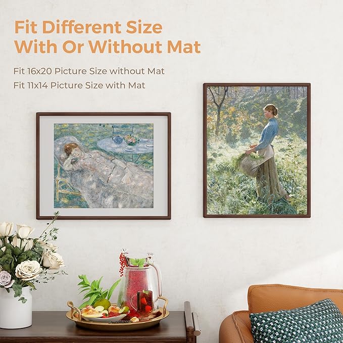 Axeman 16 x 20 Walnut Frame Set of 3 - Rounded Corner 16x20 Picture Frame Matted to 11x14 - Natural Walnut Wood Photo Frame with Tempered Glass for Wall Mount Display