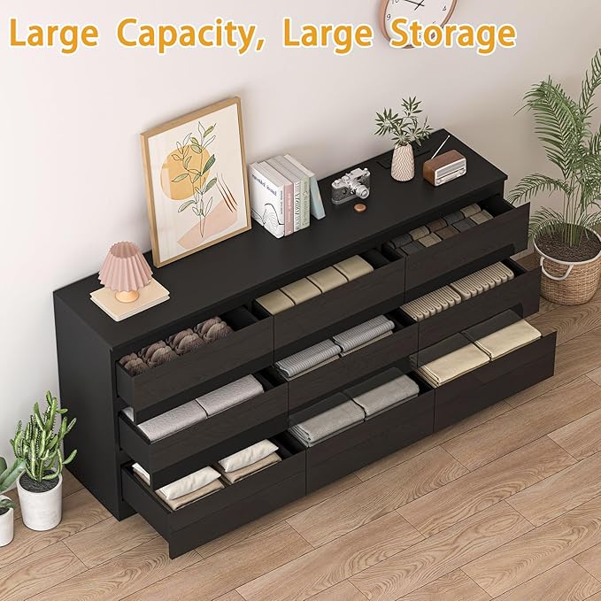 9 Drawers Dresser with Charging Station, Modern Large Dresser with 9 Handle Free Drawers, Wood Chest of Drawers for Bedroom, Living Room, Entryway, Hallway, Black