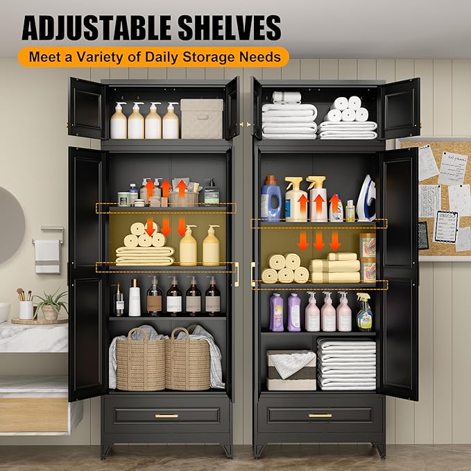Kitchen Pantry Storage Cabinets, 90" Tall Metal Storage Cabinet with Doors and 3 Shelves, Black Pantry Cabinet with Drawer, Kitchen Cupboard, Large Steel Cabinets for Dining Room, Office, Living Room