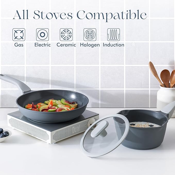 PRICUSIS Nonstick Ceramic Frying Pan Skillet, 10+12 Inch Induction Compatible with Stay Cool Handle, Healthy PTFE PFAS & PFOA Free Omelet Pan, Dishwasher Safe (Blueberry Gray)