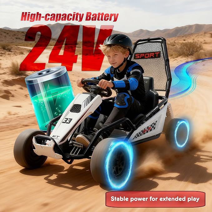 24V 8.5 MPH Electric Go Kart for Kids, 400W Powerful Drift Kart w/Front EVA Wheel & Metal Frame, Ride on Toy w/Music & Lights, Suspension, 2 Speed, 5 Point Harness, Crazy Cart for Ages 6+, Black