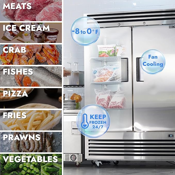 HECMAC 54" Commercial Freezer, 49 Cu.ft Reach-In Upright Fridge with 2 Solid Door, -8~0℉,18-8 Stainless Steel Interior, 6 Shelves, ETL&NSF/ANSI 7 for Restaurant, Bar, Shop, Kitchen Use