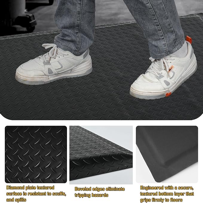 Nisorpa Anti Fatigue Mats Industrial 3' x 5' Ergonomic Standing Mat 15/16" Extra Thick Cushioned Shop Floor Mats Kitchen Mats Heavy Duty Commercial Diamond Plate Support for Leg & Back Pain, Black