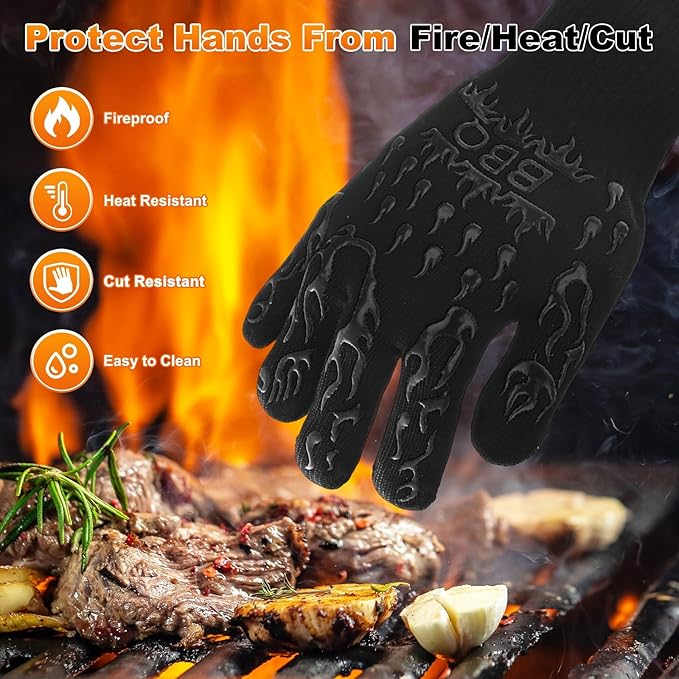 1-Pair BBQ Gloves, 1472°F Heat Resistant Non-Slip Grilling Oven Gloves for Barbecue/Baking/Cooking [S Size, Black]
