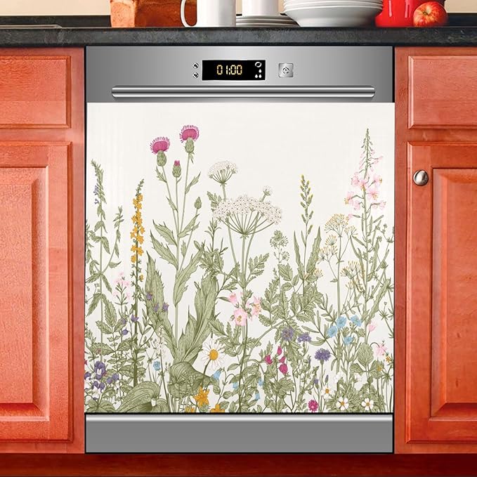 Flowers Herbs Wildflowers Botanical Dishwasher Magnet Cover Sticker Magnetic Refrigerator Panel Front Door Fridge Microwave Decal Decorative