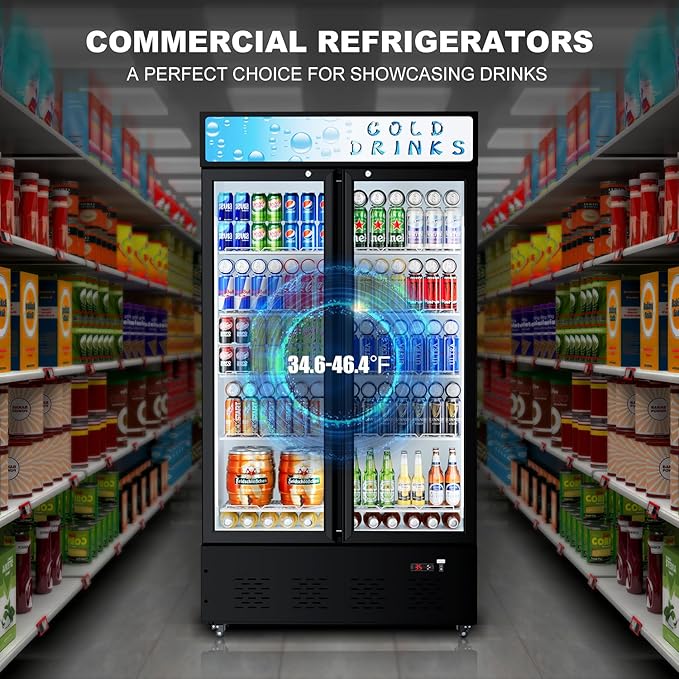 Commercial Beverage Refrigerator, 30 Cu.ft. Fridge Display Glass Door Upright Display Door with Adjustable Shelves LED Light for Restaurant,Grocery Stores,Office