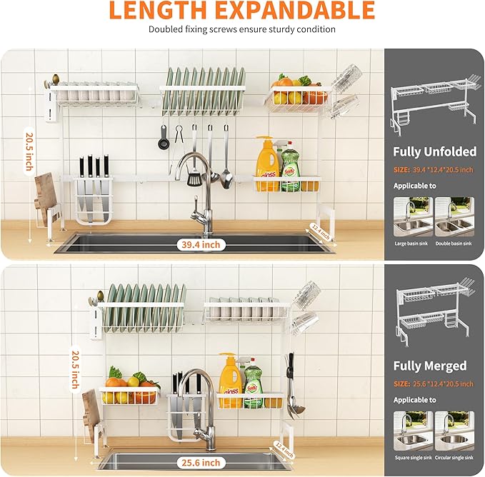 HOTEAGLE Over The Sink Dish Drying Rack 2 Tier Large Extensible Dish Drainer Rack Kitchen Sink Organizer, 25.6"-39.4" L x 12.4" W x 20.5" H, White