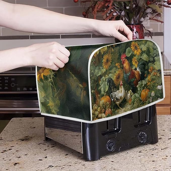 UNICEU Sunflowers Rooster Print Toaster Cover 4 Slice Stain Resistant Oil Protection Dust Cover Washable Kitchen Small Appliance Covers for Bread Maker