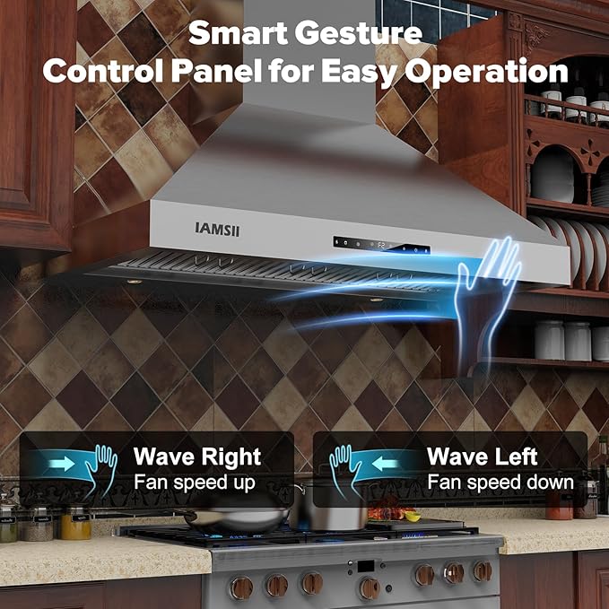 Wall Mount Range Hood 48 Inch 1200 CFM Ultra Powerful Commercial Vent Hood for Large Kitchen with Remote Control, Gesture & Touch Panel, 4 Speeds & Stainless Steel Filters Ducted Kitchen Hoods