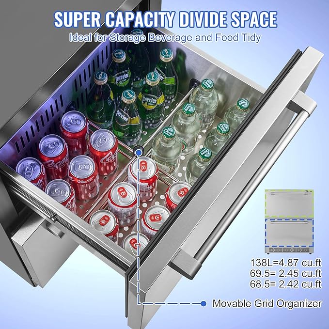 VEVOR 24 inch Undercounter Refrigerator, 2 Drawer Refrigerator with Different Temperature, 4.87 Cu.ft. Capacity, Waterproof Indoor and Outdoor Under Counter Freezer Fridge for Home and Commercial Use