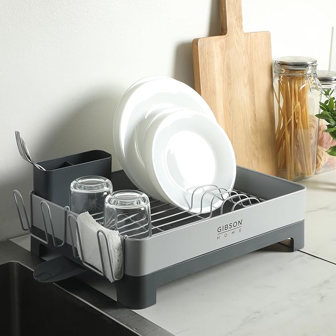 Gibson Home Nestcraft Full Size Rust Resistant Dish Rack with Drain Board and Flatware Caddy - Grey
