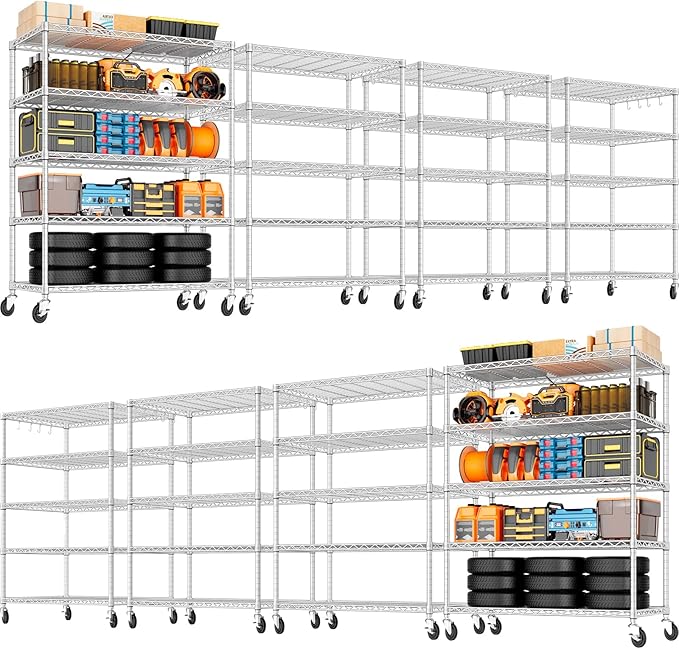 PrimeZone 5 Tier 48" Wx24''Dx81''H Wire Shelving with Wheels 3000lbs NSF Storage Shelves Heavy Duty Metal Shelf Adjustable Rolling Rack Commercial Garage Restaurant Warehouse Kitchen Chrome 8Pack