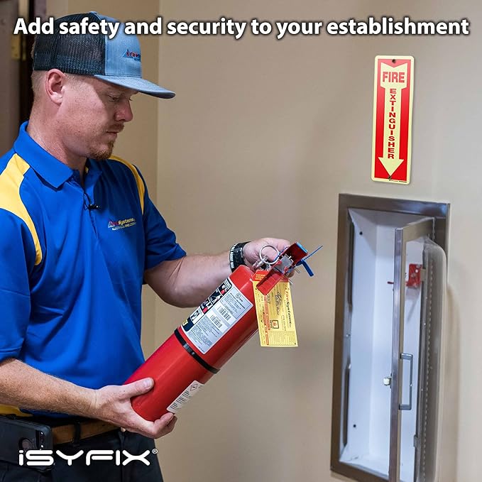 iSYFIX Fire Extinguisher Glow in the Dark Aluminum Signs – 5 Pack 4x12 Inch – Photoluminescent, Laminated for Ultimate UV and Fade Resistance, Indoor and Outdoor, for Business, Schools, Hospitals,