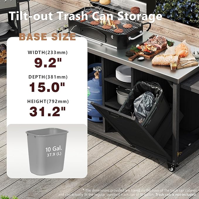 78.3" Outdoor Kitchen Island with Foldable Grill Table - Wooden Grill Cart with Stainless Steel Top, Trash Can Storage and Adjustable Shelves