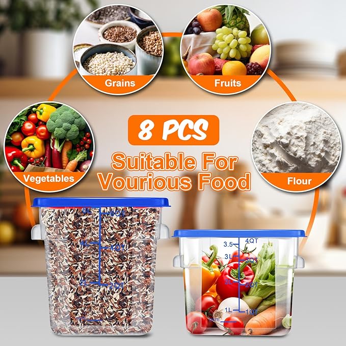 Suclain 8 Pack 4 QT and 6 QT Food Storage Containers with Lids Scales Handles Square Clear Restaurant Food Storage Containers Polycarbonate Commercial Grade for Kitchen Marinating Meat Dough(Blue)