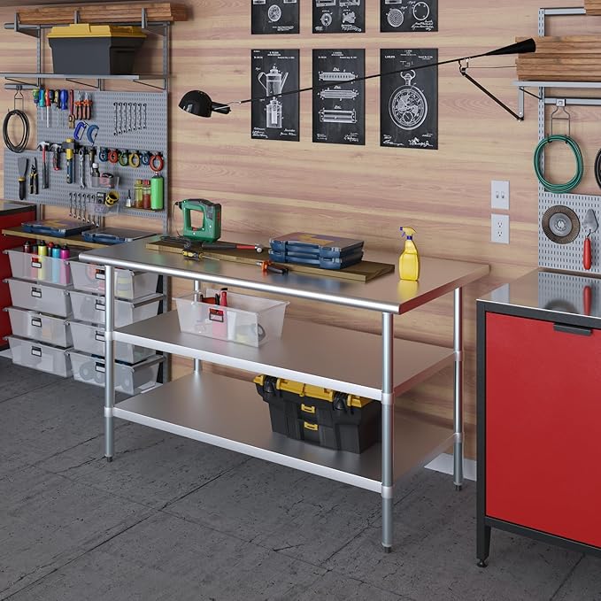 AmGood Stainless Steel Work Table with 2 Shelves | NSF | Metal Utility Table (60" Long x 30" Deep)