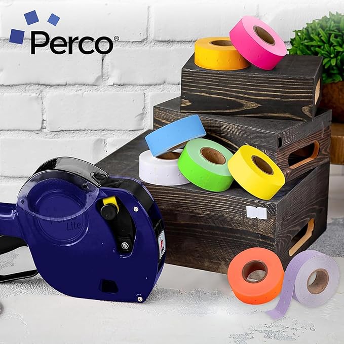 Perco 1 Line Multicolored Sleeves—32 Rolls, 4 Sleeves, 32,000 Labels for Perco Lite, X, Plus & Pro Guns—Includes White, Yellow, Blue, Lavender & Fluorescent Colors (Red Green Pink Orange)—Made in USA