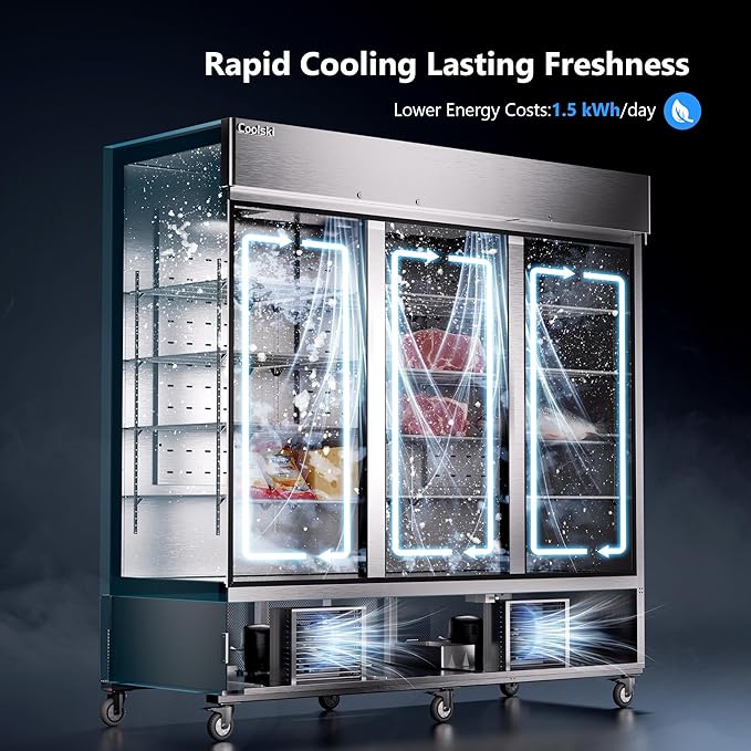 Coolski 82'' Commercial Freezer 3 Doors, Reach-In Upright Freezer for Restaurants Bars Garages, 72 Cu.Ft Auto Defrost -13 to -5℉ Temp Control Fan Cooling, ETL NSF Approved