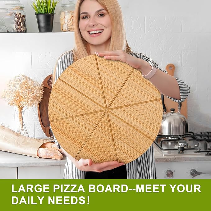 Round Pizza Cutting Board 12inch 2Pack Double Sided Bamboo Wooden Pizza Tray Meat Bread Cheese Serving Platter Pizza Oven Accessories Pizza Prep Board Paddle Blocks Circular Circle