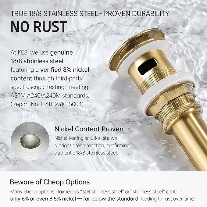 KES Vessel Sink Drain Pop Up Drain with Overflow Bathroom Stopper Assembly Brushed Gold for 1.6"-1.9" Sink Hole, All Metal Rustproof Brass and 304 Stainless Steel, S2008A-BZ