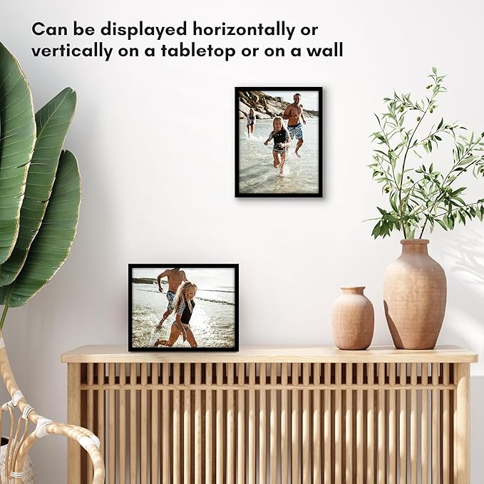 Americanflat 7x9 Picture Frame with Shatter-Resistant Glass - Streamline Collection - Thin Border Photo Frame for Tabletop and Wall Display - Hanging Hardware and Easel Stand Included - Black