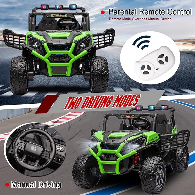 24V 2 Seater Kids Ride On Car, Battery Powered Ride On UTV with Remote Control, 4x4 Side by Side Truck, Kids Electric Vehicle with Bluetooth, Green