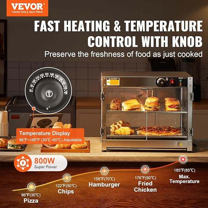 VEVOR 2-Tier Commercial Food Warmer Display, 800W Food Display Warmer with Light to Enhance Food Display, 86℉~185℉ Temperature Control, 58L Large Capacity for Hamburger, Pizza, Bread, Fried Chicken