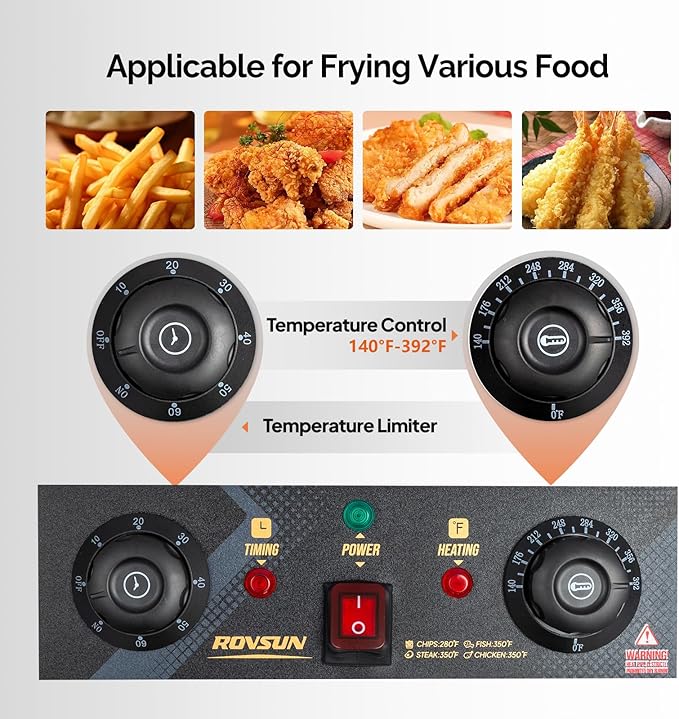 ROVSUN 24.9QT Electric Deep Fryer w/Frying Baskets Timer Drains & Lids, Dual Tank Kitchen Countertop Commercial Frying Machine, Adjustable Temperature, for French Fries Donuts Onion Rings, 3400W 110V