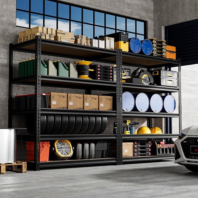 5-Tier Heavy-Duty Shelving 2500LBS Capacity Per Unit Adjustable Metal Garage Storage Rack 40”W X 19.7”D X 71”H Metal Shelving Storage Rack Includes Matte Polypropylene Spacers (Black) 2 Pack