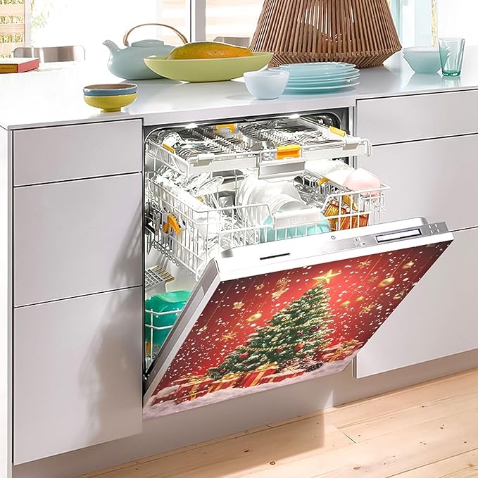 Christmas Tree Dishwasher Magnet Cover Panel,Xmas Balls Red Magnetic Dishwasher Covers Refrigerator Sticker Decal Christmas Decorative Washing Machine Cover for Home Kitchen,23x26in