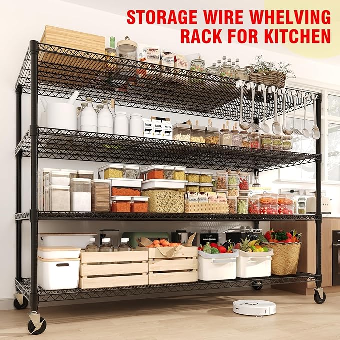 GarveeLife 74" H Storage Shelves with Wheels 2640 LBS Heavy Duty Metal Shelving 4-Tier Wire Shelving for Corner Storage Rack Adjustable Pantry Shelf for Kitchen Pantry, 74" H x 59" W x 24" D