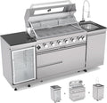 Outdoor Kitchen Island, 82 Inch 6 Burner Gas Grill Combination With Refrigerator and Sink, Outdoor Stainless Steel Barbecue Bar, Propane Grill, 85000 BTUs (82"-Silver, Propane)