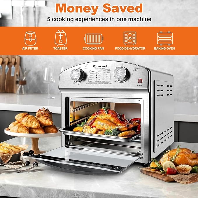 PlumChef 13 Quart 4 Slices Air Fryer Convection Toaster Oven, 1500W, Multifunction Oven with Reference Menus on Panel, Time and Temperature Controls(Stainless Steel)
