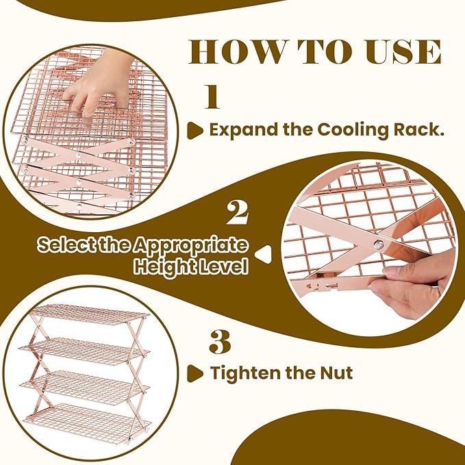 BEWOS 4 Tier Collapsible Cooling Rack - Adjustable Stainless Steel Baking Rack with Mesh Leak Proof，Foldable X-Shaped Structure Cooling Racks for Cooking and Baking, Dishwasher Safe（ Rose Gold）