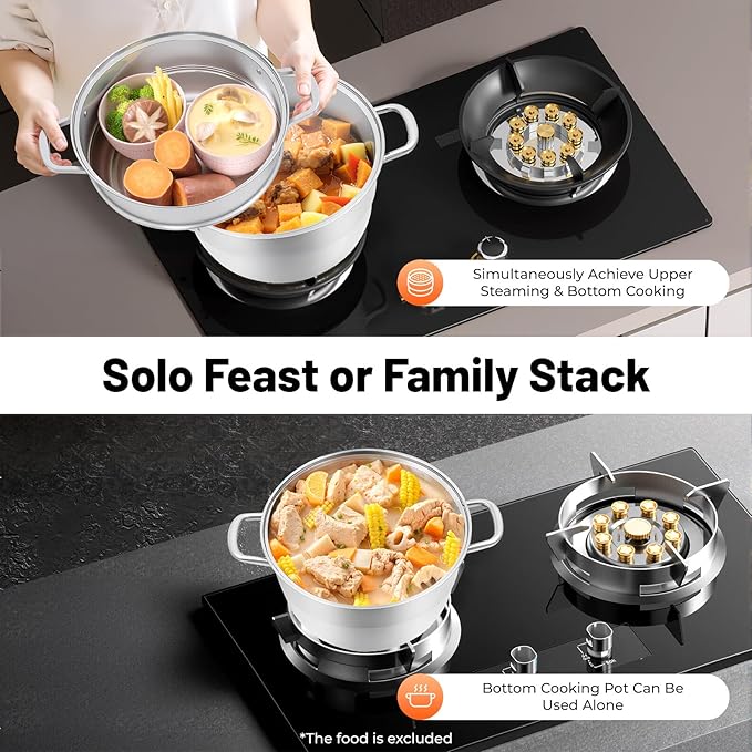 Steamer 32.5cm/12.8in, 5-tier Stainless Steel Steam Cooker w/Visual Lid & Handles, Home Round Stackable Multipurpose Steam Pot for All Stoves (1xBottom Pot, 3xSteaming Baskets, 2xSteaming Slices)