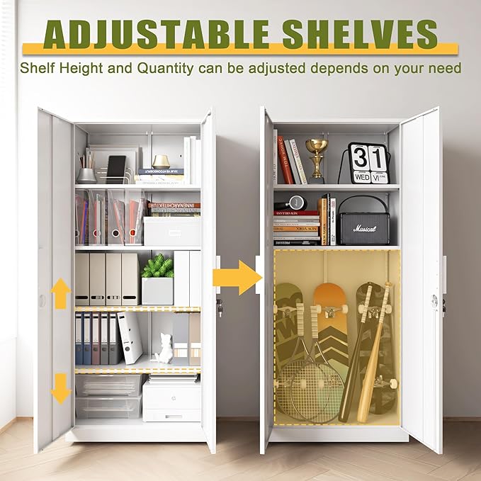71" H Metal Garage Storage Cabinets with Adjustable Shelves,Steel Tall Cabinets with 2 Lockable Doors,Kitchen Pantry Cabinet,Metal Cabinet for Home/Office/Warehouse,White