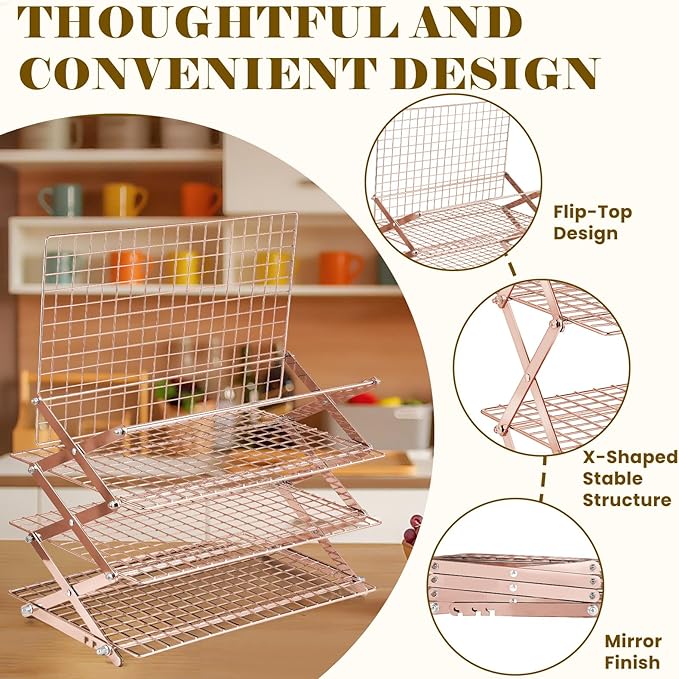 BEWOS 4 Tier Collapsible Cooling Rack - Adjustable Stainless Steel Baking Rack with Mesh Leak Proof，Foldable X-Shaped Structure Cooling Racks for Cooking and Baking, Dishwasher Safe（ Rose Gold）