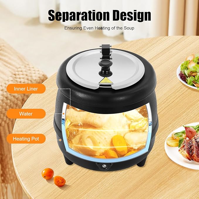 10.5QT Soup Warmers, Electric Soup Pot Commercial Soup Kettle with Stainless Steel Hinged Lid and Detachable Insert Pot, Temperature Control Knob for Restaurants and Party, Catering (Black)
