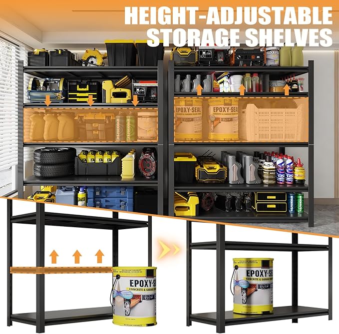2PCS 47.2” W Metal Garage Shelving Units, 3000 LBS Storage Shelves Heavy Duty, 5 Tier Garage Shelf Rack, Adjustable Industrial Metal Shelving for Basement/Warehouse