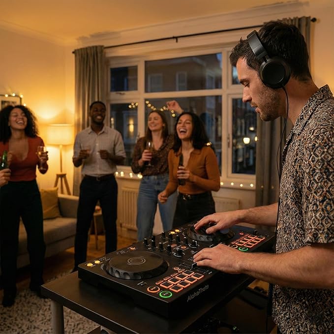 Pioneer DJ AlphaTheta DDJ-FLX2 Compact 2-Channel DJ Controller Bundle with Laptop Stand, Headphones, and Austin Bazaar Polishing Cloth