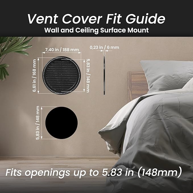 Repa Market 6 Inch (Opening) Black Round Air Vent Cover - Pack of 5 Plastic Fresh Air Intake Vent - AC Cover with Nylon Mesh Screen - Wall, Ceiling HVAC Return Air Register - Modern Soffit Vents