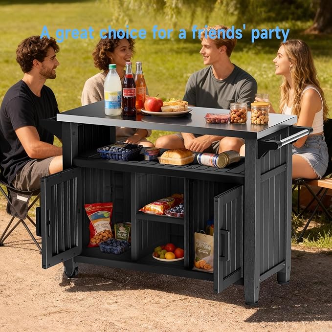 54" Portable Outdoor Table with Stainless Steel Top - Heavy Duty Resin BBQ Grill Cart & Pizza Oven Stand - All-Weather Kitchen Prep Station with Large Storage Cabinet & Smooth Wheels, Black