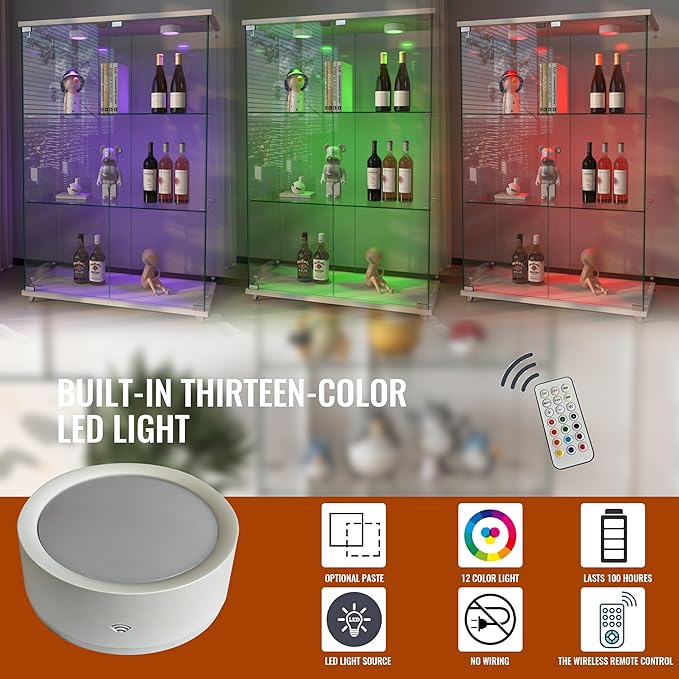 Yoluckea 3-Shelf Glass Display Cabinet with LED Lights, 2-Door Floor Standing Curio Cabinet with Universal Wheel for Home or Office, White Glass Bookshelf for Collections, Decor, and Corner Display