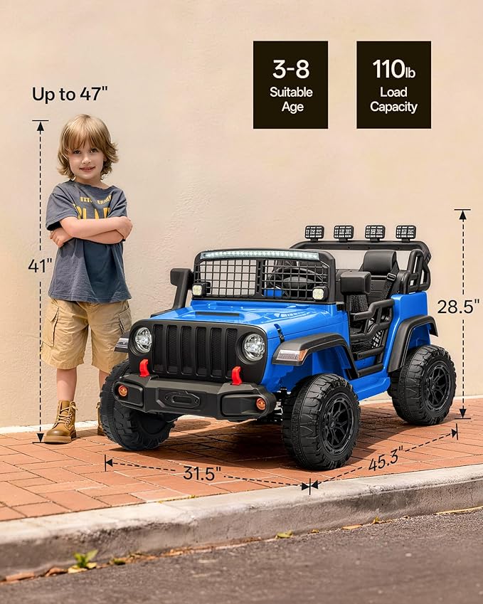 2 Seater Ride on Car Toy, 12V Electric Car for Kids 4-8 with Remote Control, Capacity 110 lb, LED Light - Blue