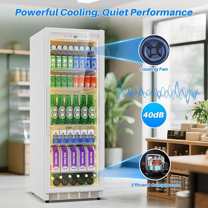 Commercial Display Beverage Fridge: 13.8 Cu Ft Upright Cooler with Glass Door, LED Lighting, Low Noise, and Rapid Cooling for Restaurants, Shops, and Offices (White)