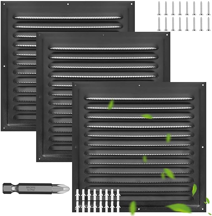 Gable Vents (10" x 10" 3Pcs) Aluminum Walls, Lofts, Garages more, More with Screens, Metal Shed Vents, Outdoor Houses, Loft Ceiling Reinforcement, Square Vents, Blinds, Exterior Grille(Black)